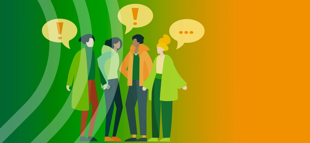 Illustration von einer Gruppe Menschen, die mit Sprechblasen untersetzt beieinander stehen.
